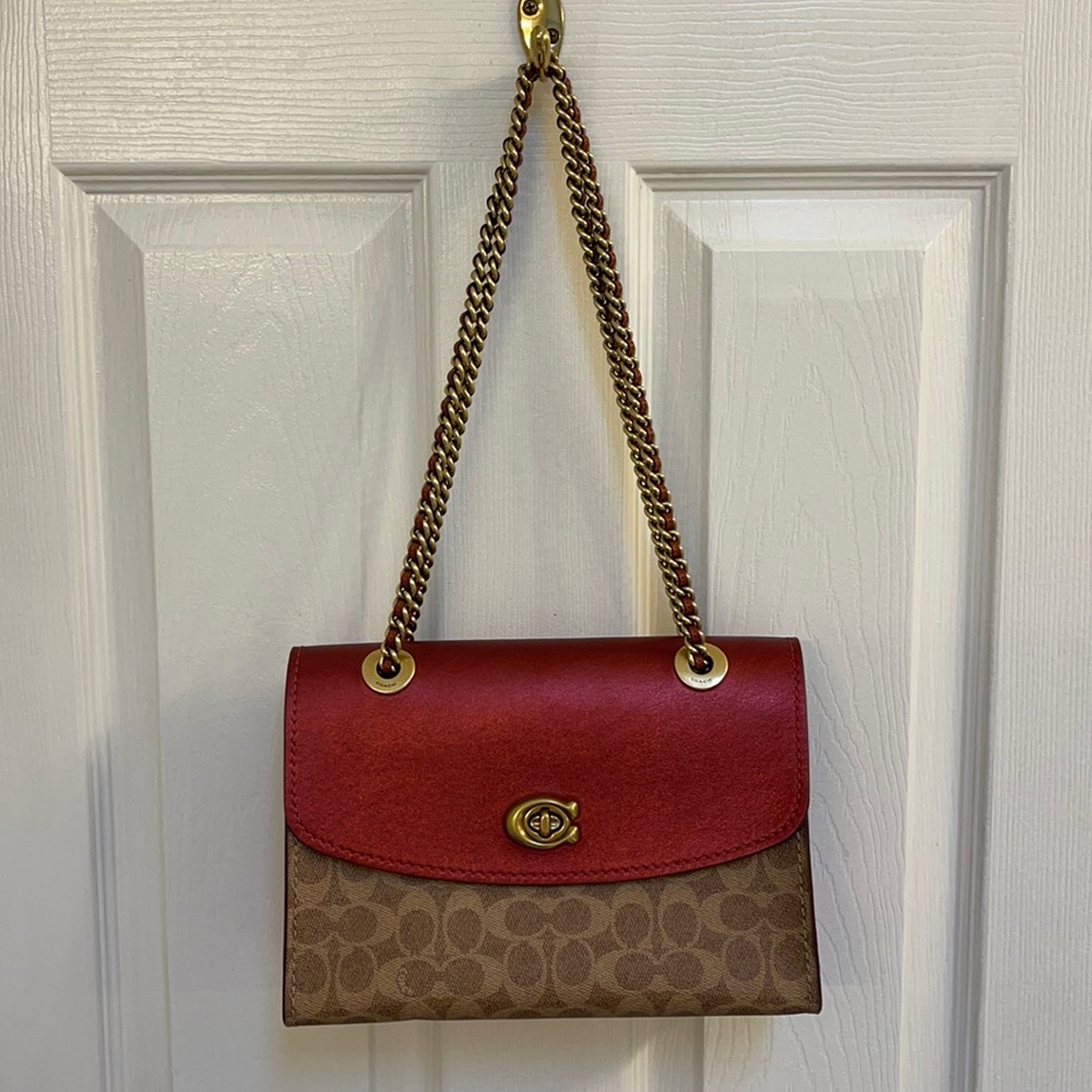 Coach Signature Canvas Crossbody with Red Leather Flap and Gold Hardware
